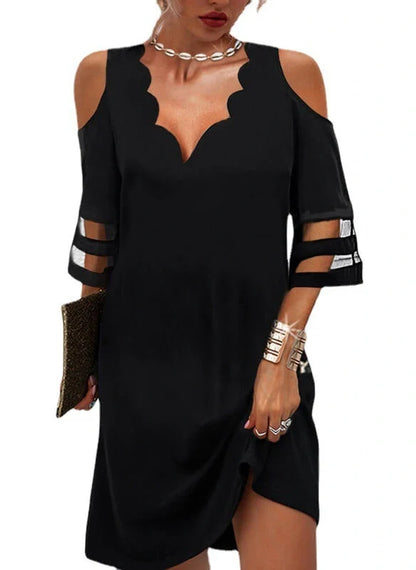 Women's summer chiffon dress with V-neck and mesh stitching in white and black
