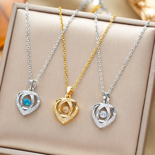 Heart-shaped rhinestone clavicle chain necklace in gold, silver, and blue