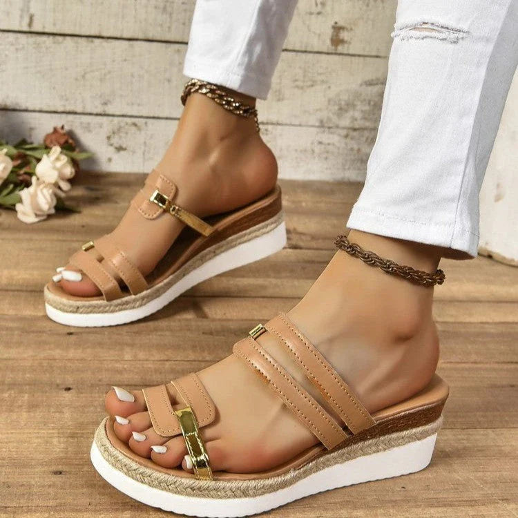 Colorblock wedge sandals with thick hemp sole, round toe, and slide-on style in a variety of vibrant summer colors