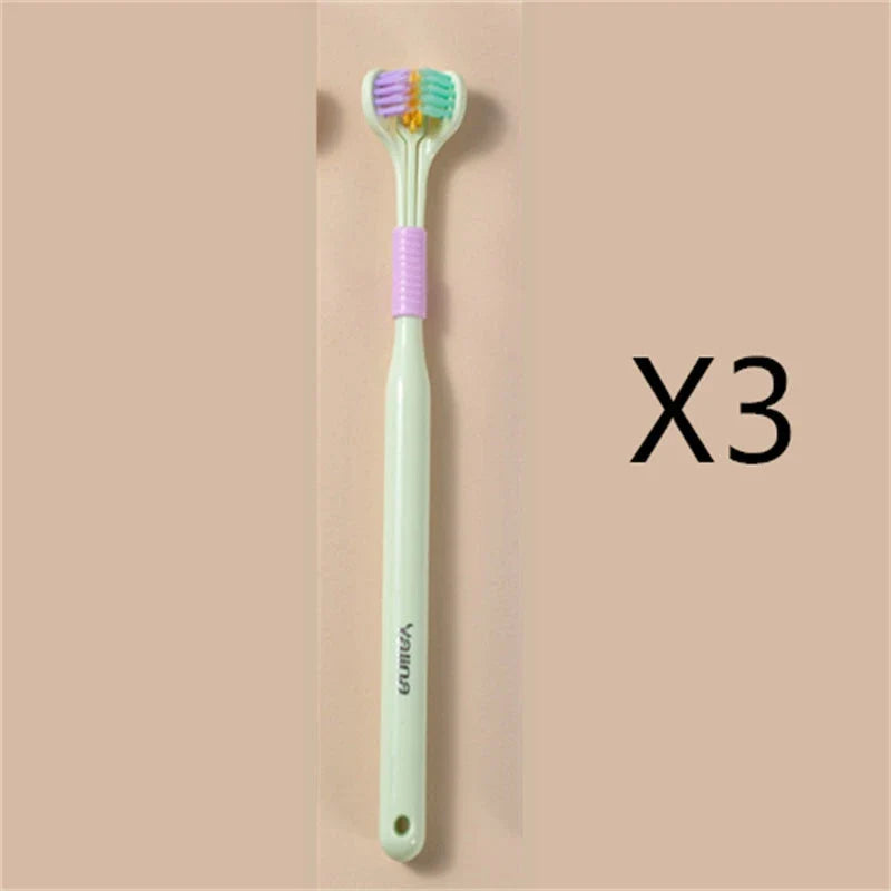 Soft bristle toothbrush with 3-sided brush head for thorough dental cleaning