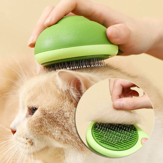Avocado-shaped pet grooming brush with stainless steel needles for removing loose undercoat hair and providing a soothing massage