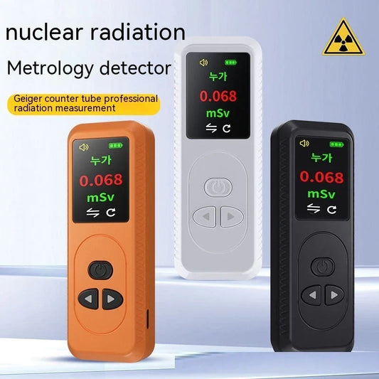 Portable nuclear radiation detector with TFT color display, G-M tube, and adjustable alarm settings for precise radiation monitoring