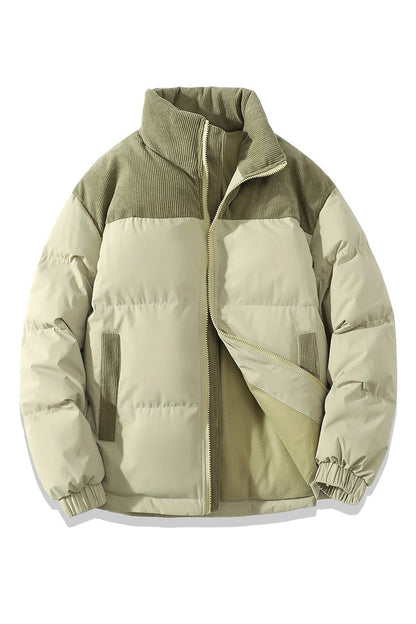 A stylish padded winter coat with contrast-coloured accents, designed for both men and women to stay warm and look fashionable.