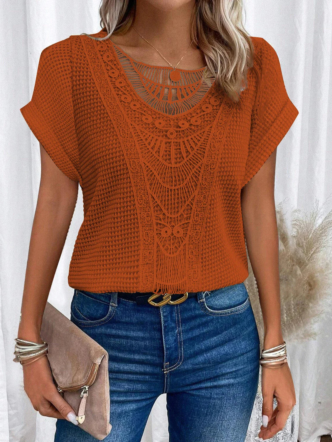 Trendy hollowed-out short-sleeve t-shirt for women in various colors and sizes