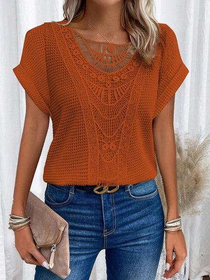 Trendy hollowed-out short-sleeve t-shirt for women in various colors and sizes
