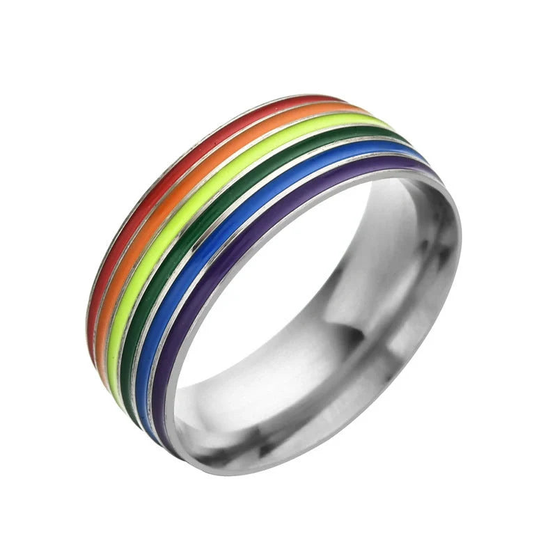 Stylish bisexual pride stainless steel ring with a bold, geometric design in vibrant colours