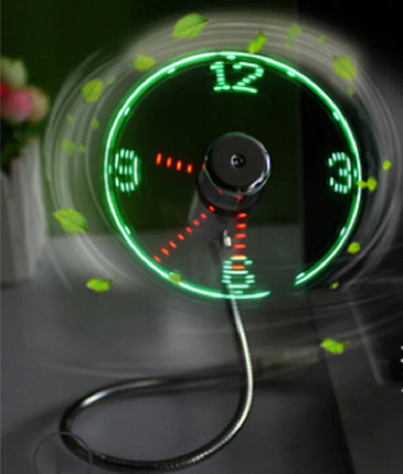 Adjustable USB desktop fan with LED light and digital clock, providing customizable airflow and workspace convenience