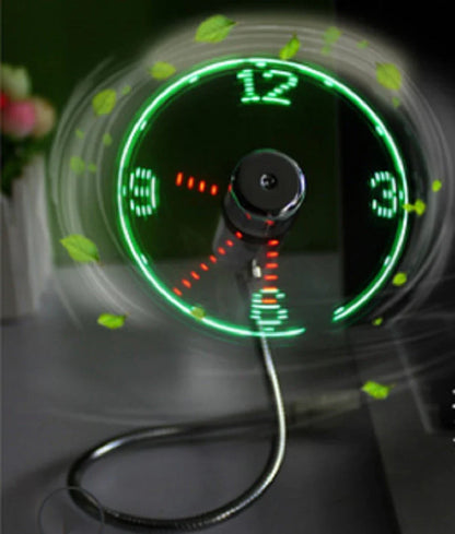 Adjustable USB desktop fan with LED light and digital clock, providing customizable airflow and workspace convenience