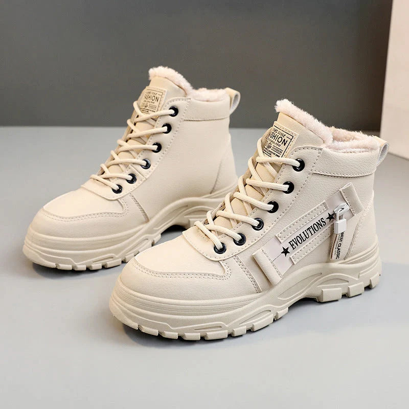 Winter fleece lace-up boots with artificial short plush lining in black, khaki, and white