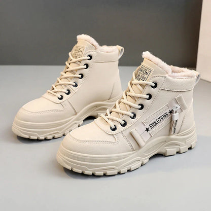 Winter fleece lace-up boots with artificial short plush lining in black, khaki, and white