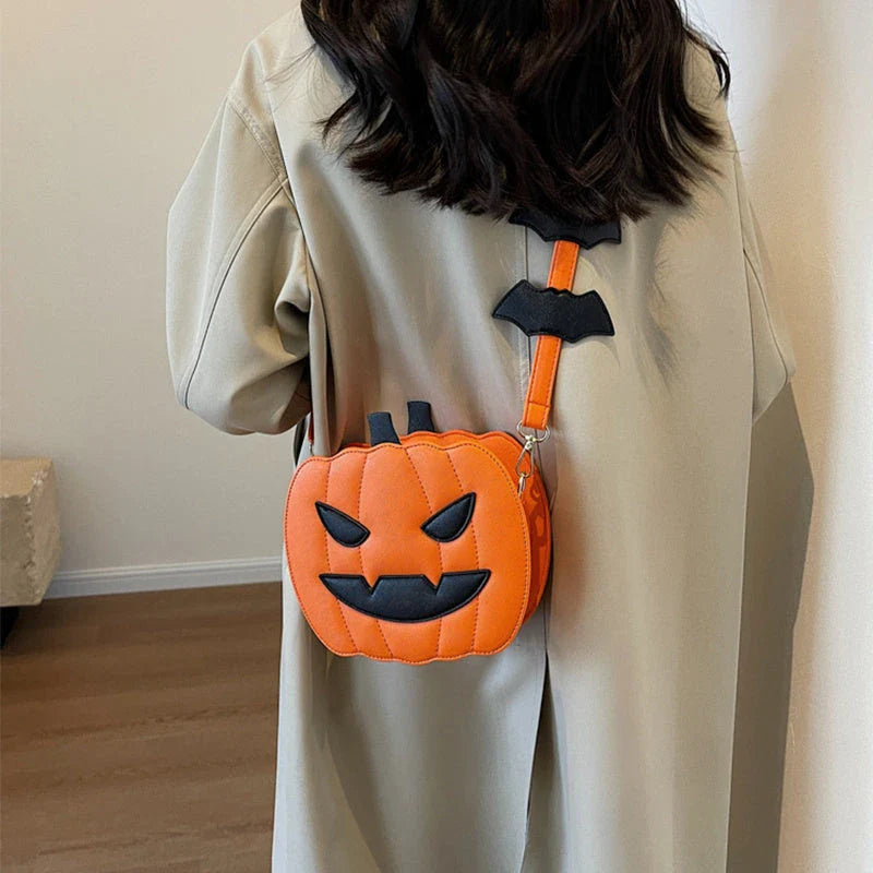 Stylish Halloween shoulder bag with pumpkin cartoon and bat design, available in various color options