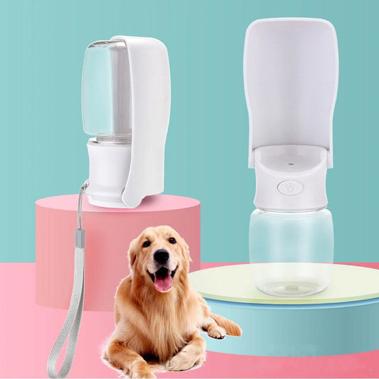 Foldable dog water bottle in blue, white, and pink, perfect for outdoor adventures with your pet.