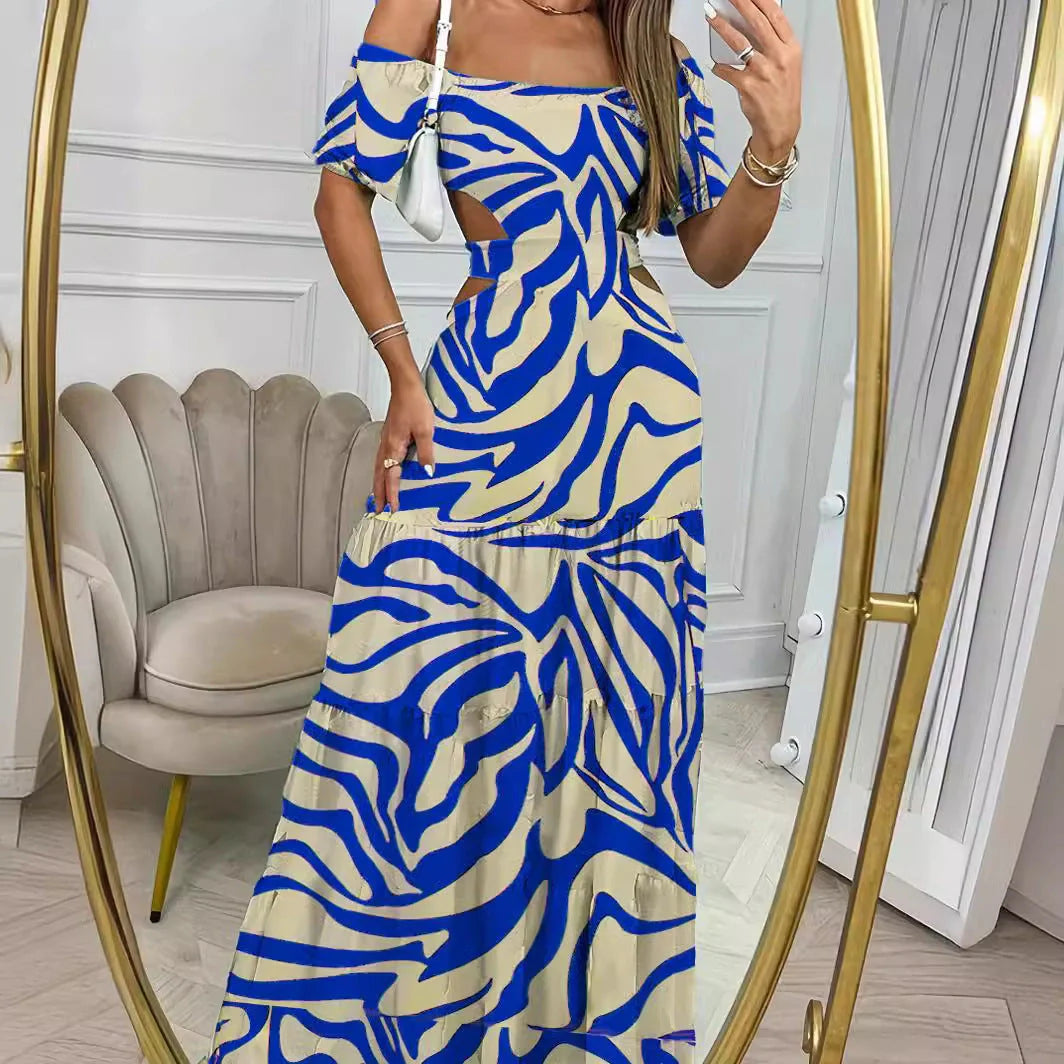 Elegant floral print chiffon summer dress with one-line collar and short sleeves