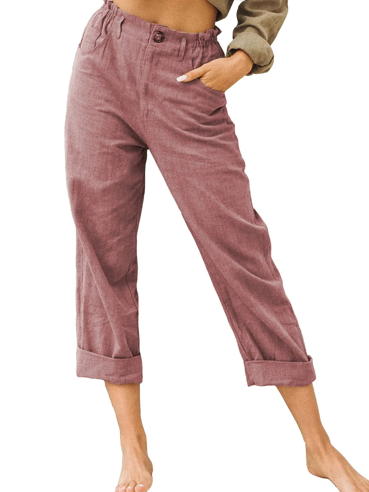 Women's cotton linen patchwork pants with drawstring back and elastic waist in various colours