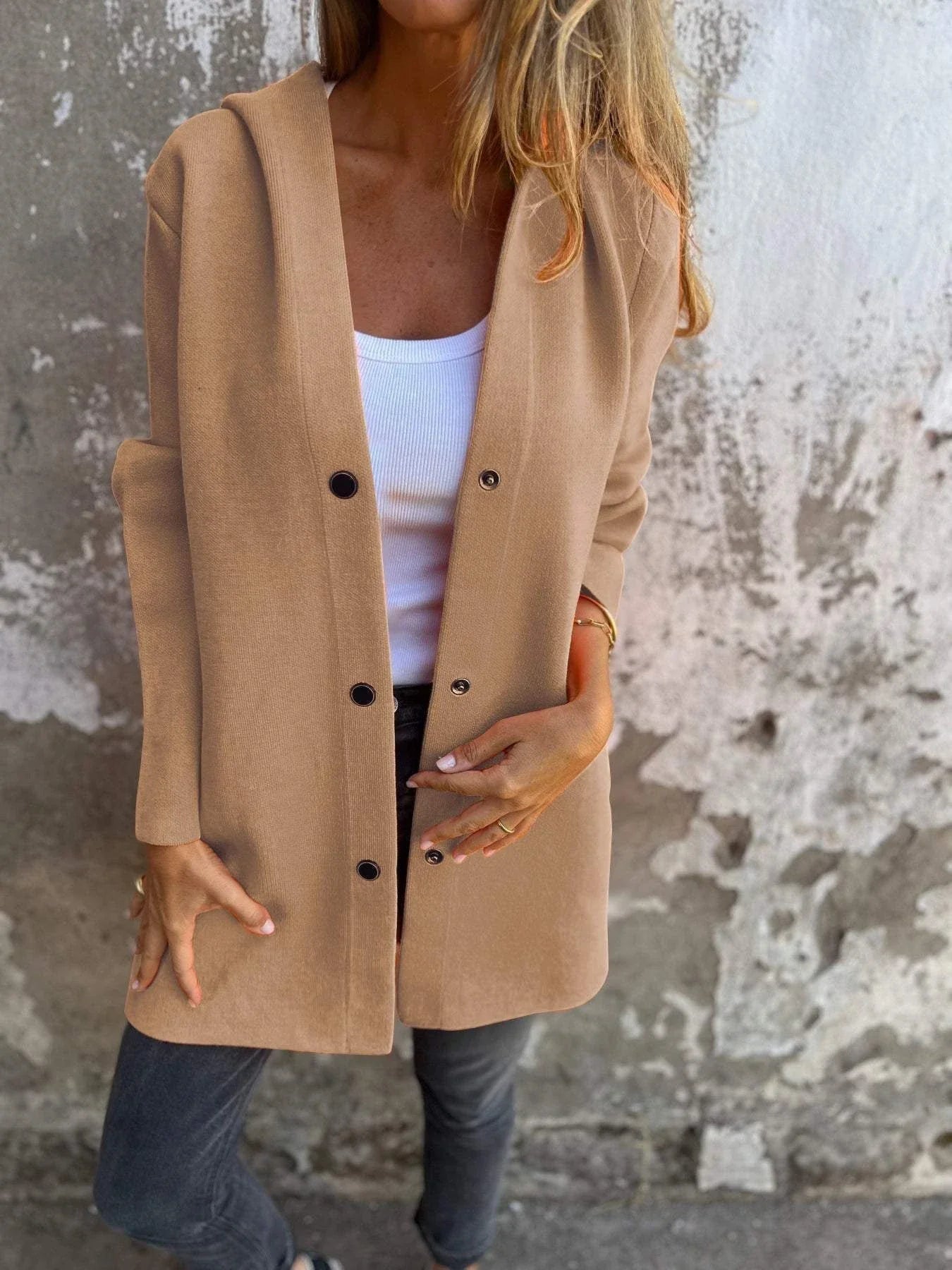 A stylish hooded cardigan jacket in various colors, featuring a single-breasted design and adjustable hood for versatile fashion.