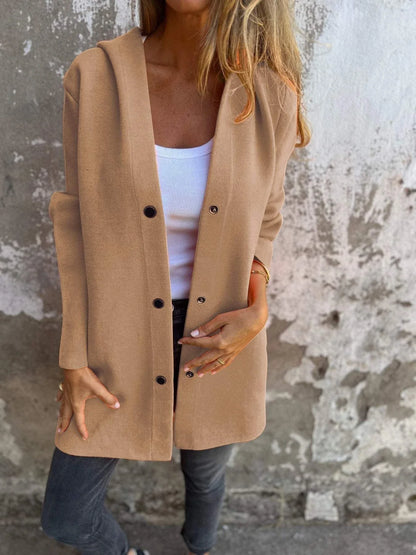 A stylish hooded cardigan jacket in various colors, featuring a single-breasted design and adjustable hood for versatile fashion.