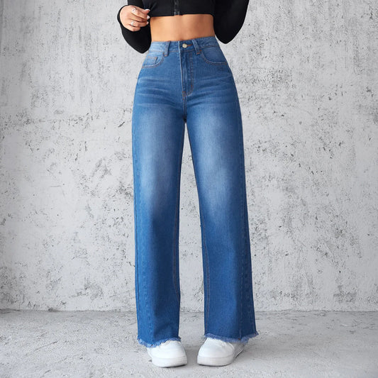 Straight wide-leg denim jeans in blue, featuring a unique collage design and high-waist fit for a stylish casual look