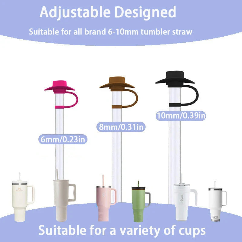 Premium straw covers in charming cowboy hat design, made of food-grade silicone for durable and reusable protection of your drinks