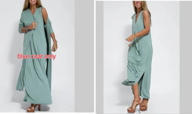 Stylish Women's V-neck Sleeveless Dress with Long Cardigan in various colors