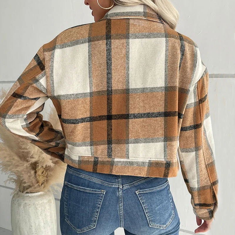Plaid lapel cropped jacket for women with functional pockets in various colours