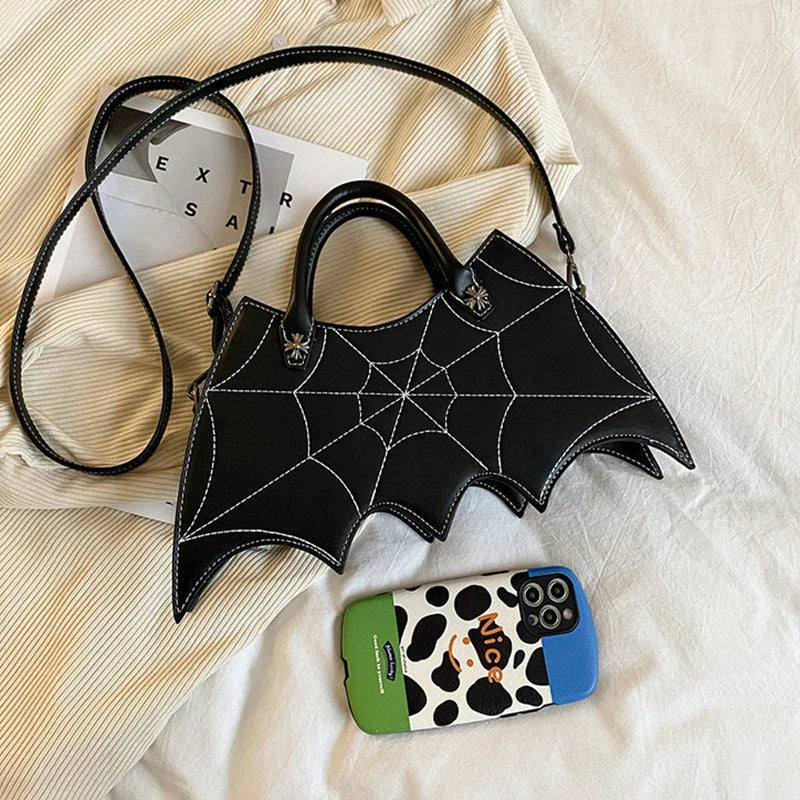 Halloween-inspired Spider Web Messenger Bag with intricate embroidery details, made of high-quality PU leather with adjustable strap