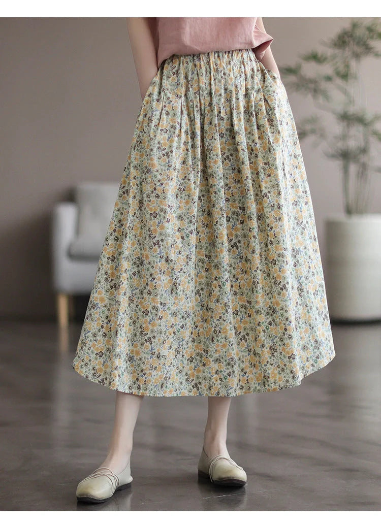 Artistic Floral Washed Cotton Skirt with little yellow and blue flowers, urban leisure style