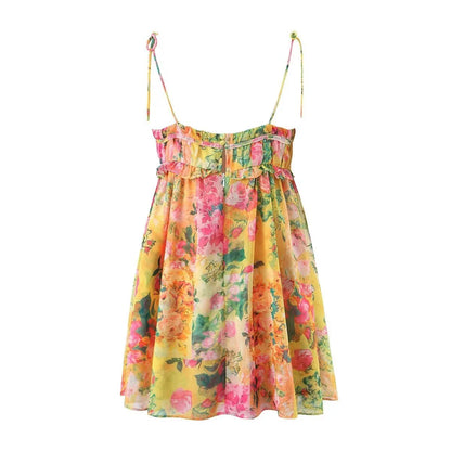 Elegant floral sundress in a variety of colors, featuring an A-line silhouette and ruffled detailing for a stylish and feminine look