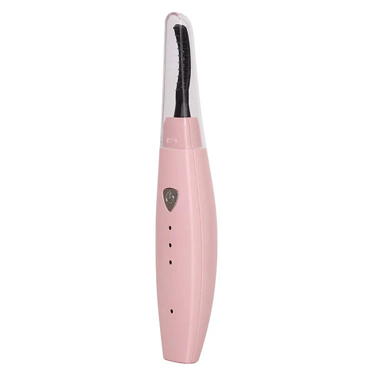 USB rechargeable electric heated eyelash curler in white, pink, black, and blue