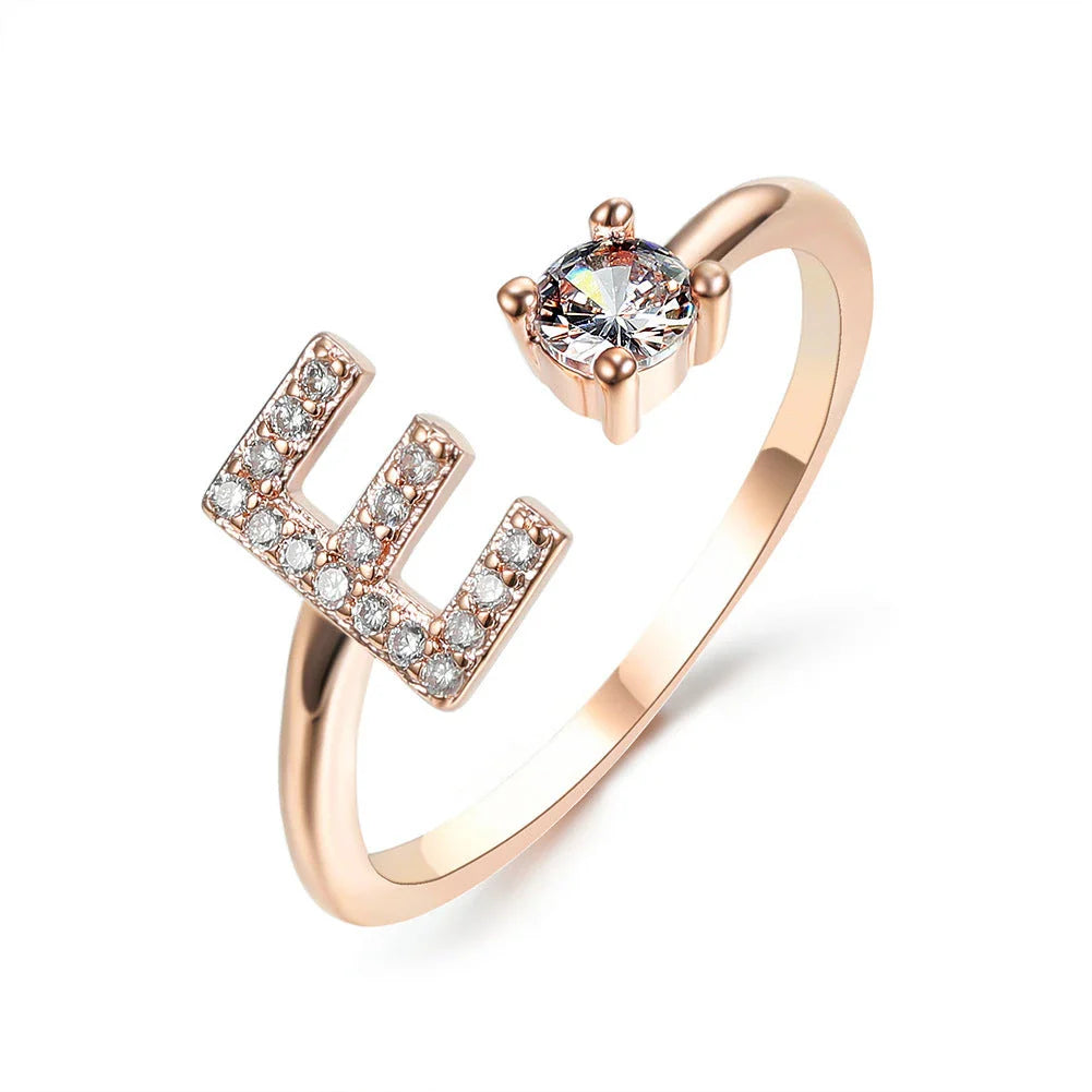 Customizable adjustable ring with 26 letters for women, featuring zircon stones and copper alloy construction