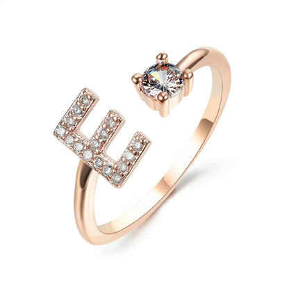 Customizable adjustable ring with 26 letters for women, featuring zircon stones and copper alloy construction