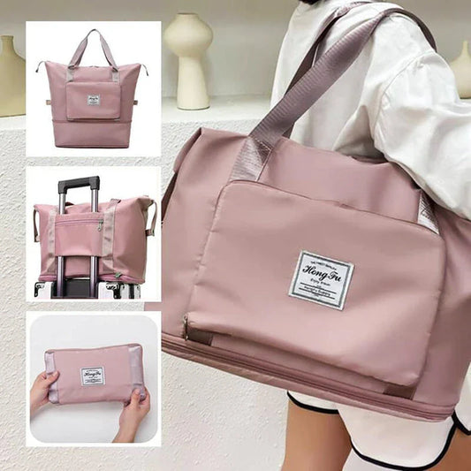 Expandable travel duffel bag with adjustable shoulder strap, multiple interior pockets, and water-resistant Oxford cloth material