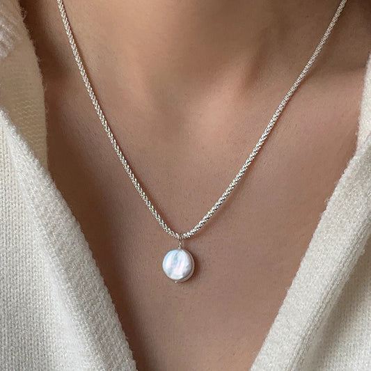 Elegant S925 Sterling Silver Baroque Pearl Necklace with starry sky chain