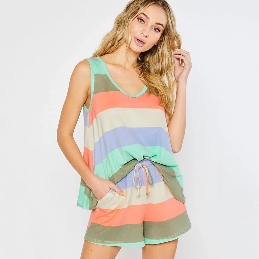 Women's rainbow stripes short sleeve pajama set for comfortable nightwear