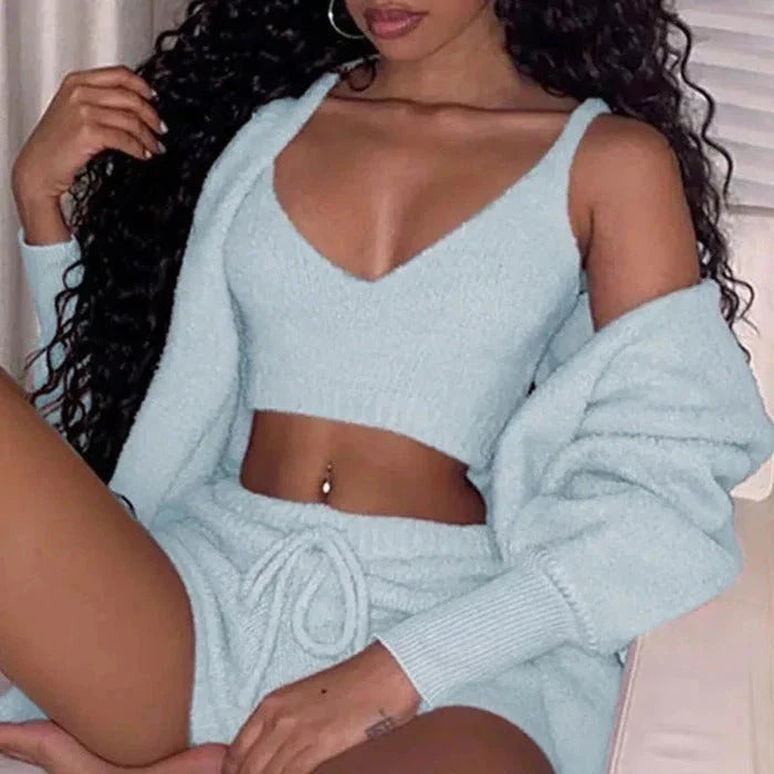Cozy 3-piece velvet pajama set with long sleeve crop top and drawstring shorts in various colors