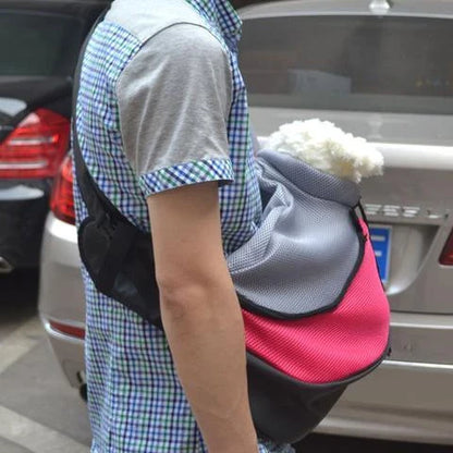 Premium soft pet sling carrier with padded mesh fabric and adjustable leather strap for hands-free convenience and pet comfort