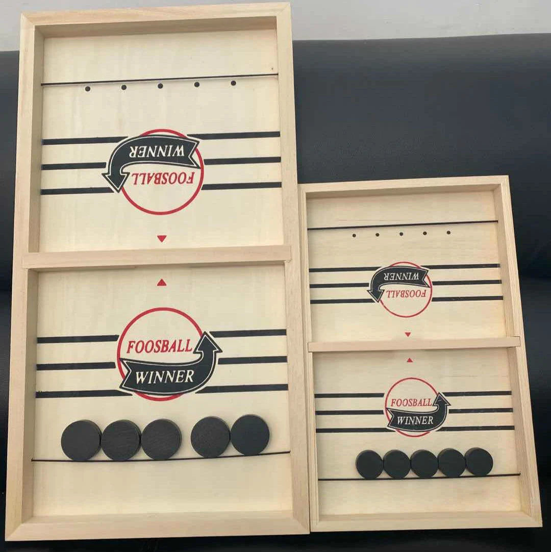 Premium solid wood puck slinging game with smooth playing surface and precision-engineered wooden pucks for interactive family fun