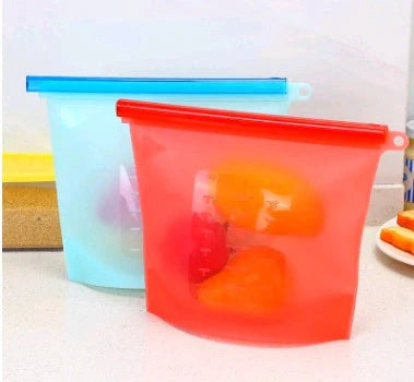 Premium silicone food storage bags in various colours, featuring airtight seals and reusable designs