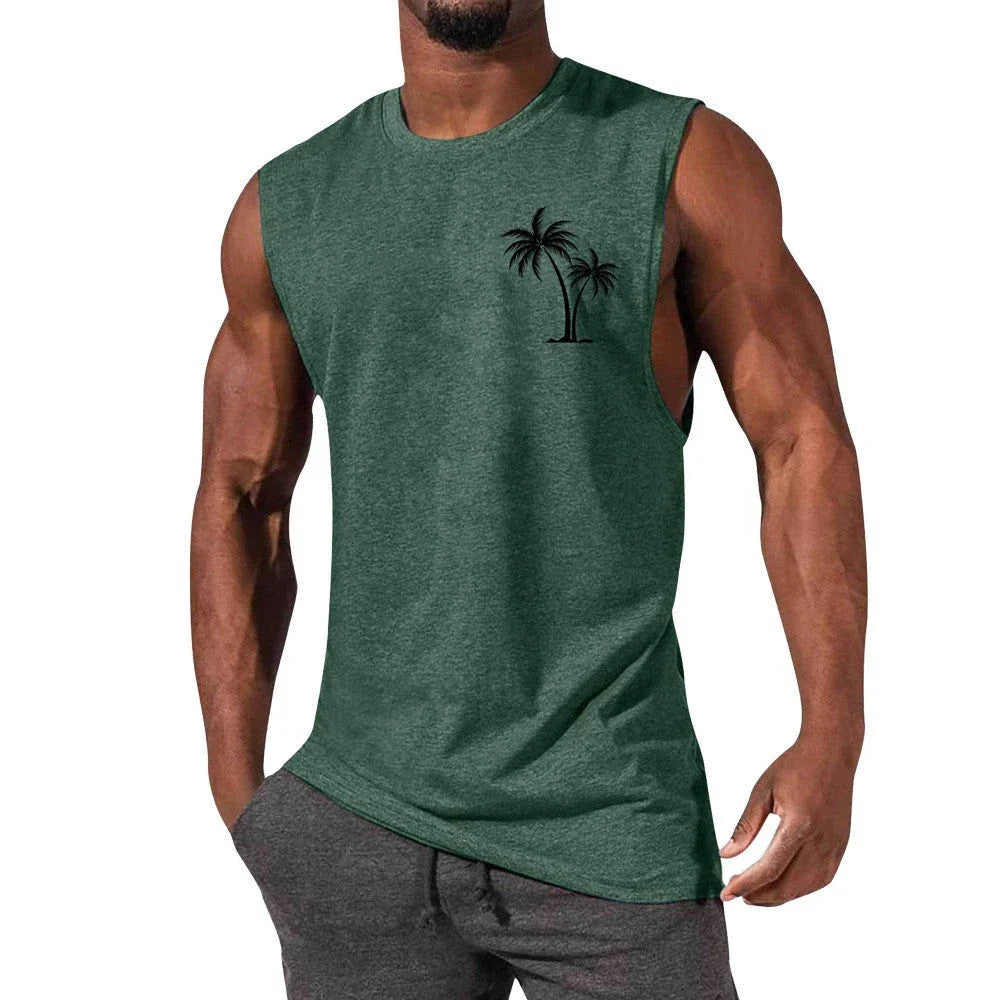Tropical coconut tree print workout tank top for men, made with breathable, moisture-wicking fabrics for an active lifestyle.