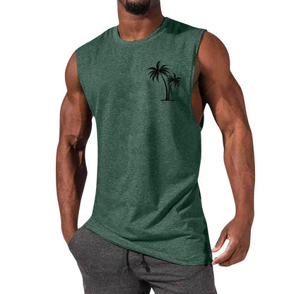 Tropical coconut tree print workout tank top for men, made with breathable, moisture-wicking fabrics for an active lifestyle.