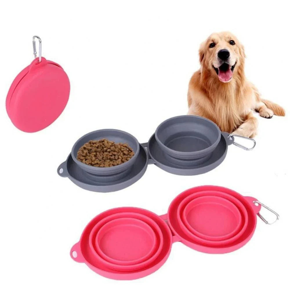 Collapsible pet bowls made of durable silicone with dual compartments and spill-resistant design for dogs and cats