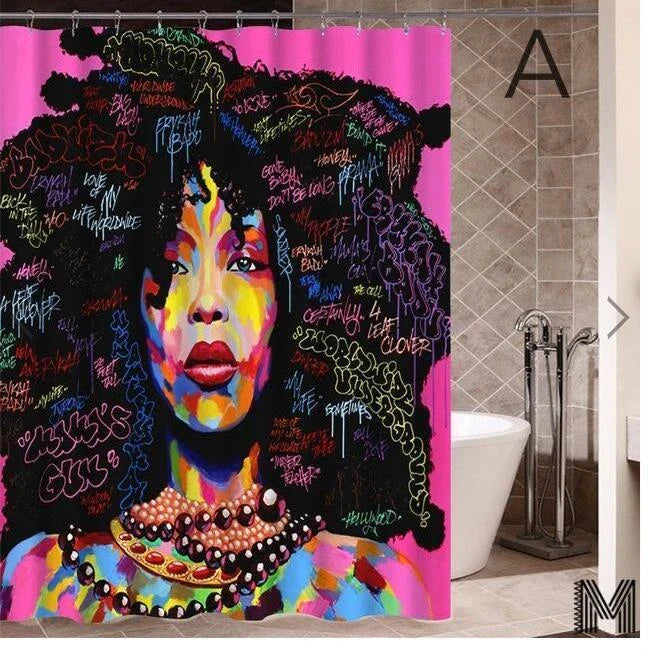 Vibrant African-inspired shower curtain with portrait of a beautiful African girl wearing earrings and bold hairstyle