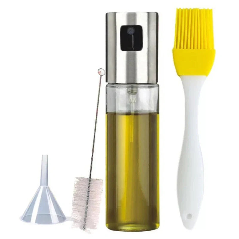 Stainless steel kitchen oil spray bottle with ergonomic button and glass body