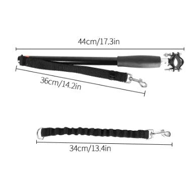Bicycle walking dog leash with stainless steel rod and rubber band, black color, 45cm by 78cm