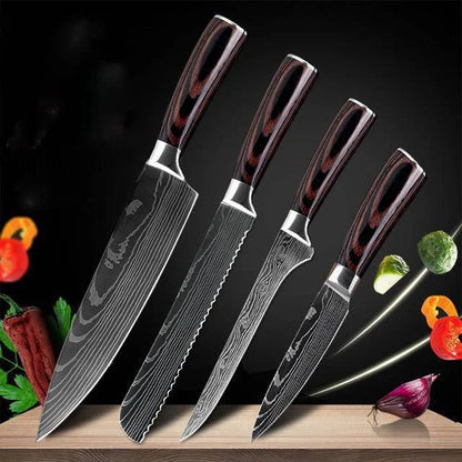 Premium 8-Piece Damascus Steel Kitchen Knife Set with Razor-Sharp Blades and Ergonomic Wooden Handles