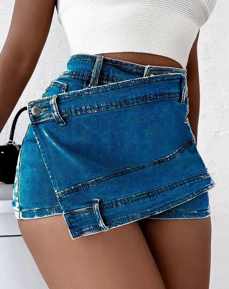 Stylish denim shorts with asymmetrical hem, available in multiple colors and sizes