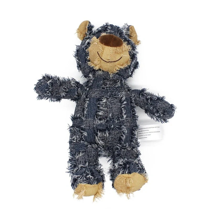Bear-shaped plush dog toy with squeak sound and bite-resistant features