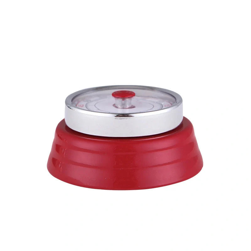 Stainless steel mechanical kitchen timer with magnetic back in black, red, or white
