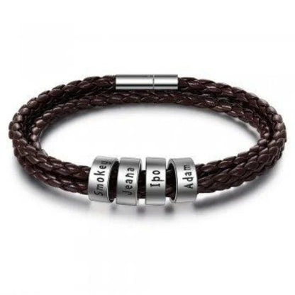 Personalized Leather Bracelet with Engraved Name Charm in Black and Brown Colors