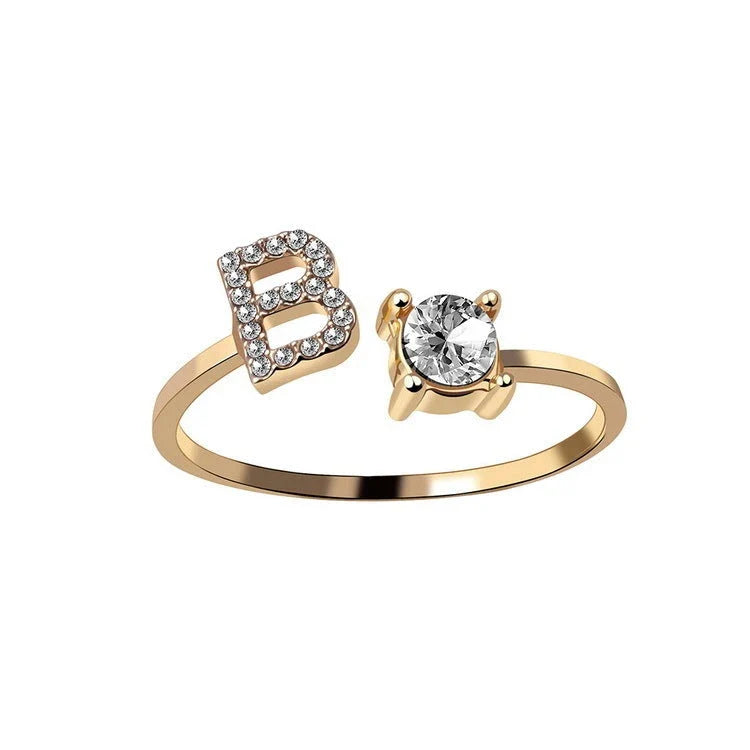 Customizable adjustable ring with 26 letters for women, featuring zircon stones and copper alloy construction