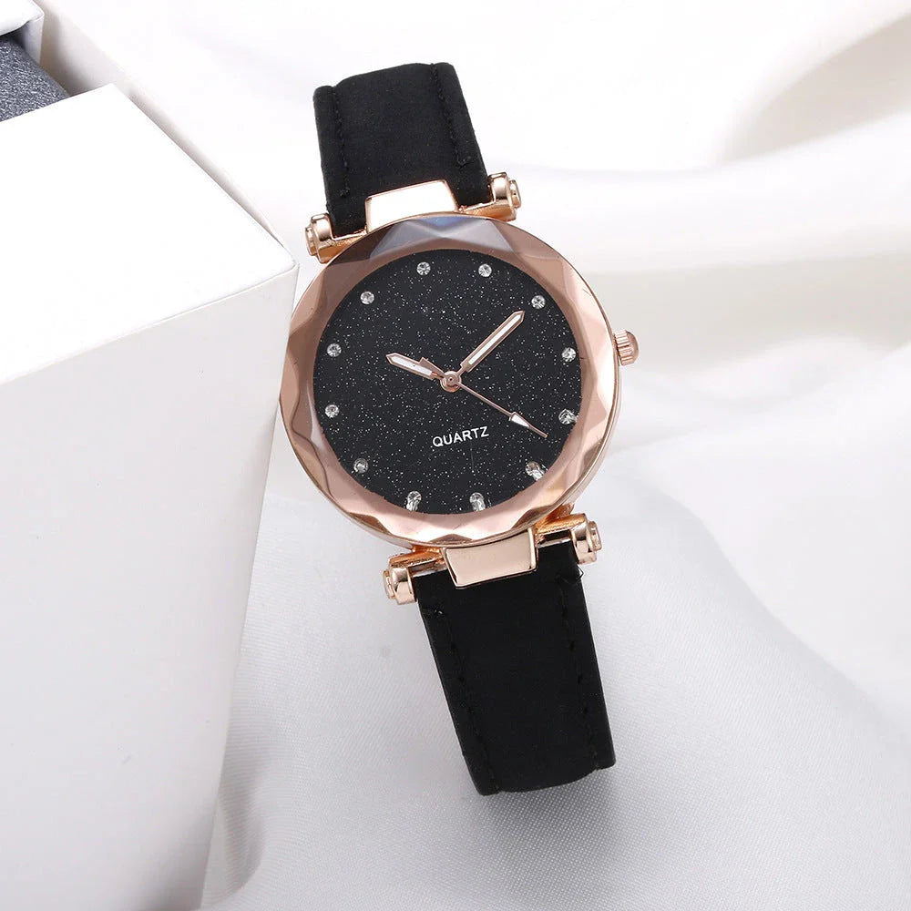 Stylish and versatile starry-patterned watch with a sleek case and comfortable leather strap, available in a variety of captivating colors